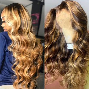 13x6 Transparent Lace Front Wig Honey Blonde Mix Color Body Wave