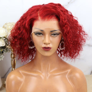 13x4 Lace Front Wigs Rose Red Color Deep Curly