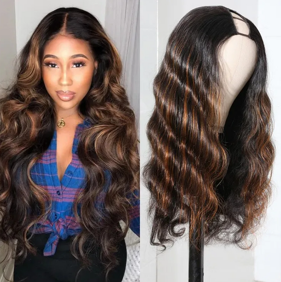 U Part Wig Brazilian Hair Highlight Brown Body Wave