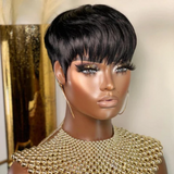 Full Machine Made Human Hair Wig Cool Short Straight With Bangs Pixie Cut