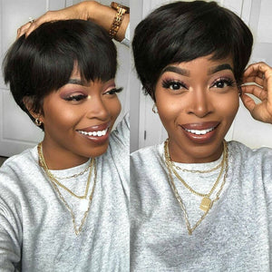 Full Machine Made Human Hair Wig Cool Short Straight With Bangs Pixie Cut